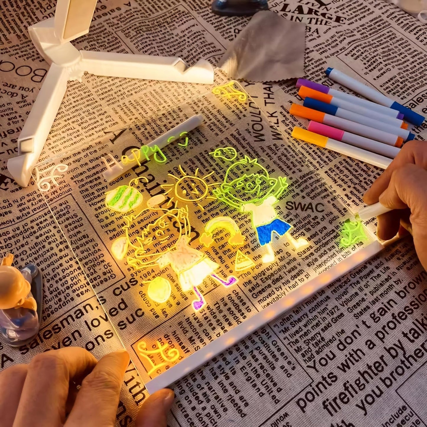 Small Acrylic Dry Erase Board with Light Light up Drawing Board with Stand as a Glow Memo LED Letter Message Board Note Glass Led Board White Board with 7 Pen for Office School Home (Small)