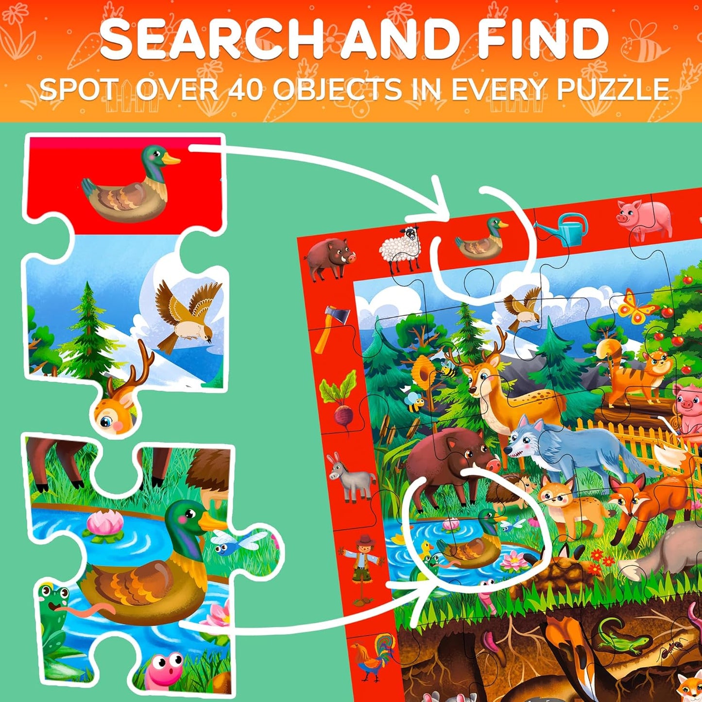 QUOKKA Floor Puzzles for Kids Ages 4-8 – 2x3 FT Giant Search and Find Jigsaw – 48 Large Pieces – Above and Beyond Observational Scene – Educatinal Montessori Toy with Gift Box – Fun Learning Activity