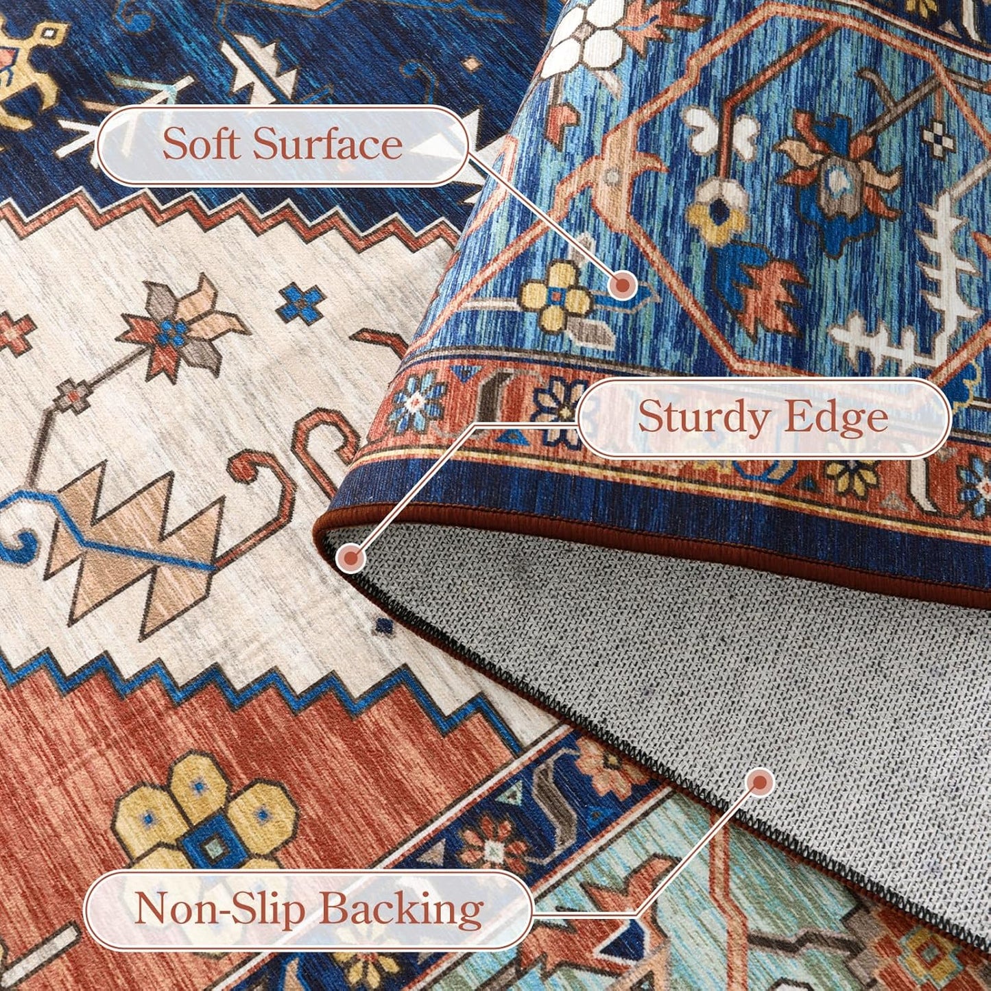 Lahome Area Rugs 9x12 Living Room - Boho Non-Slip Washable Rug Ultra-Thin Stain Resistant Large Carpet Throw Non Shedding Dining Room Mat, Oriental Print Carpet for Bedroom Guest Room (Rust, 9'x12')