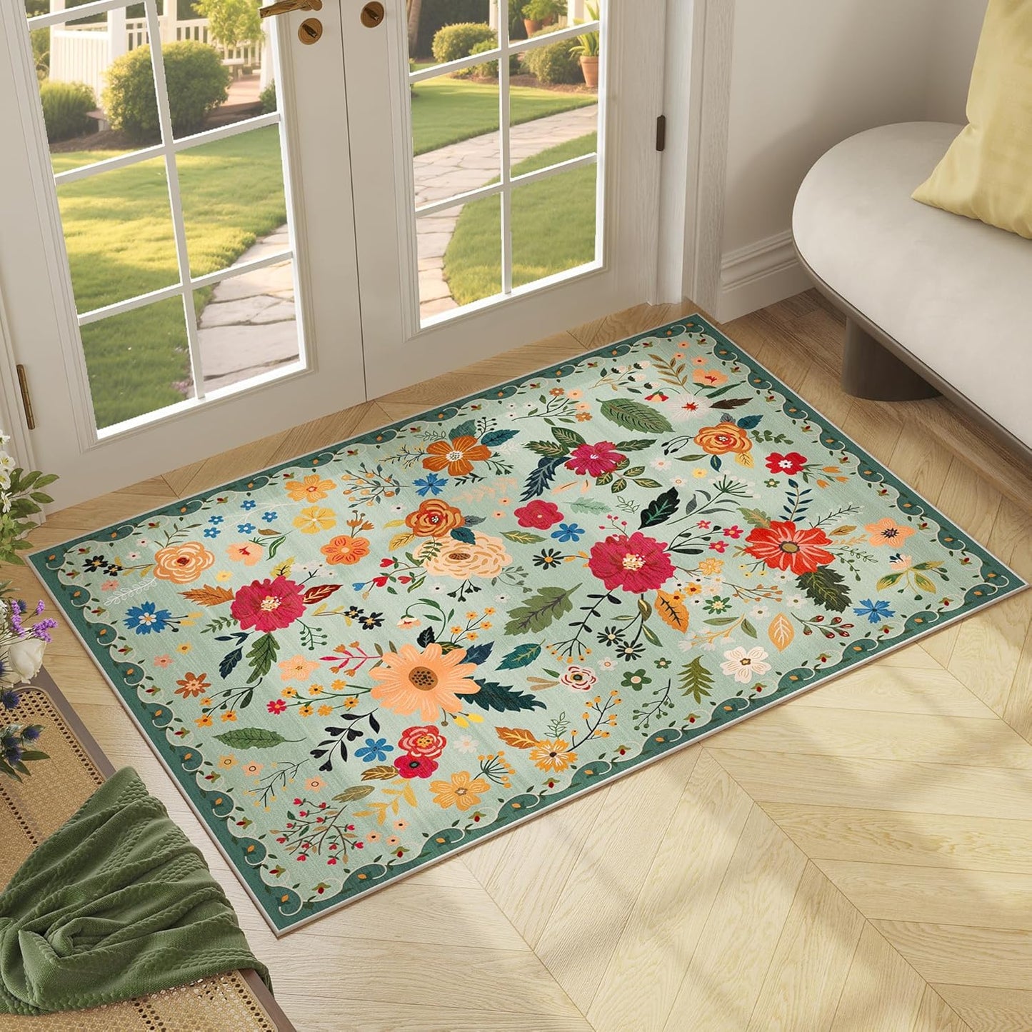 3x5 Area Rug, Floral Green Washable Rug for Entryway, Non Slip Flower Area Rugs, Soft Low Pile Indoor Doormat Small Carpet, Rugs for Living Room Bedroom Nursery Kitchen Dining Room, Sage Green