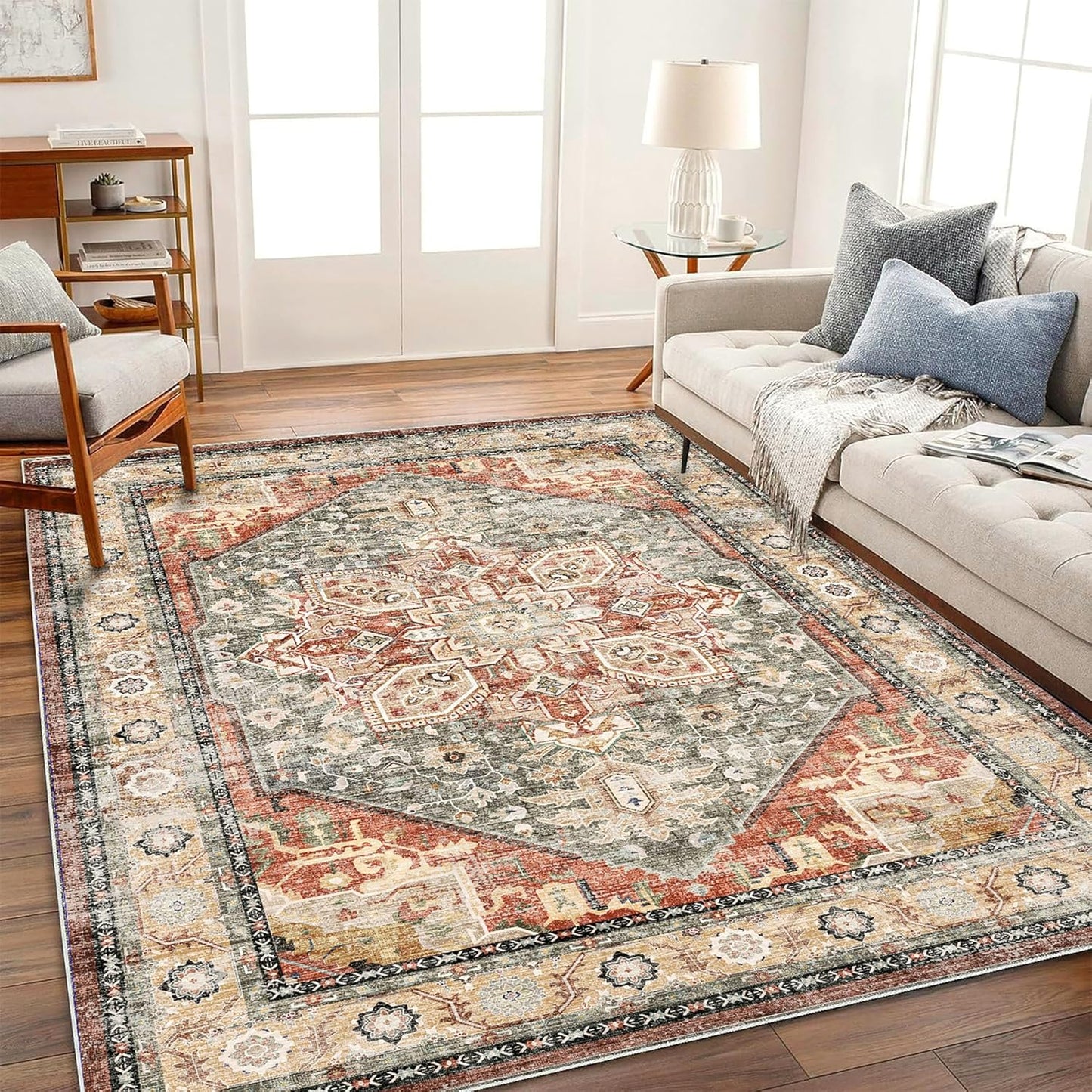 Area Rug 6'x9' Red Khaki Washable Vintage Traditional Floor Cover Thin Retro Kitchen Indoor Distressed Non Slip Carpet Floral Area for Living Room Bedroom Dining Room