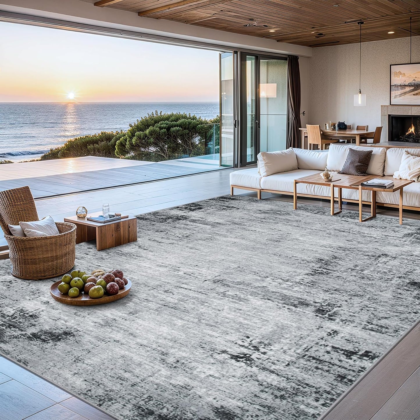 Area Rugs Living Room Rug - 5x7 Washable Modern Abstract Soft Neutral Non-Slip Carpet Large Indoor Floor Thin Carpets for Bedroom Dining Room Farmhouse Nursery Home Office Black