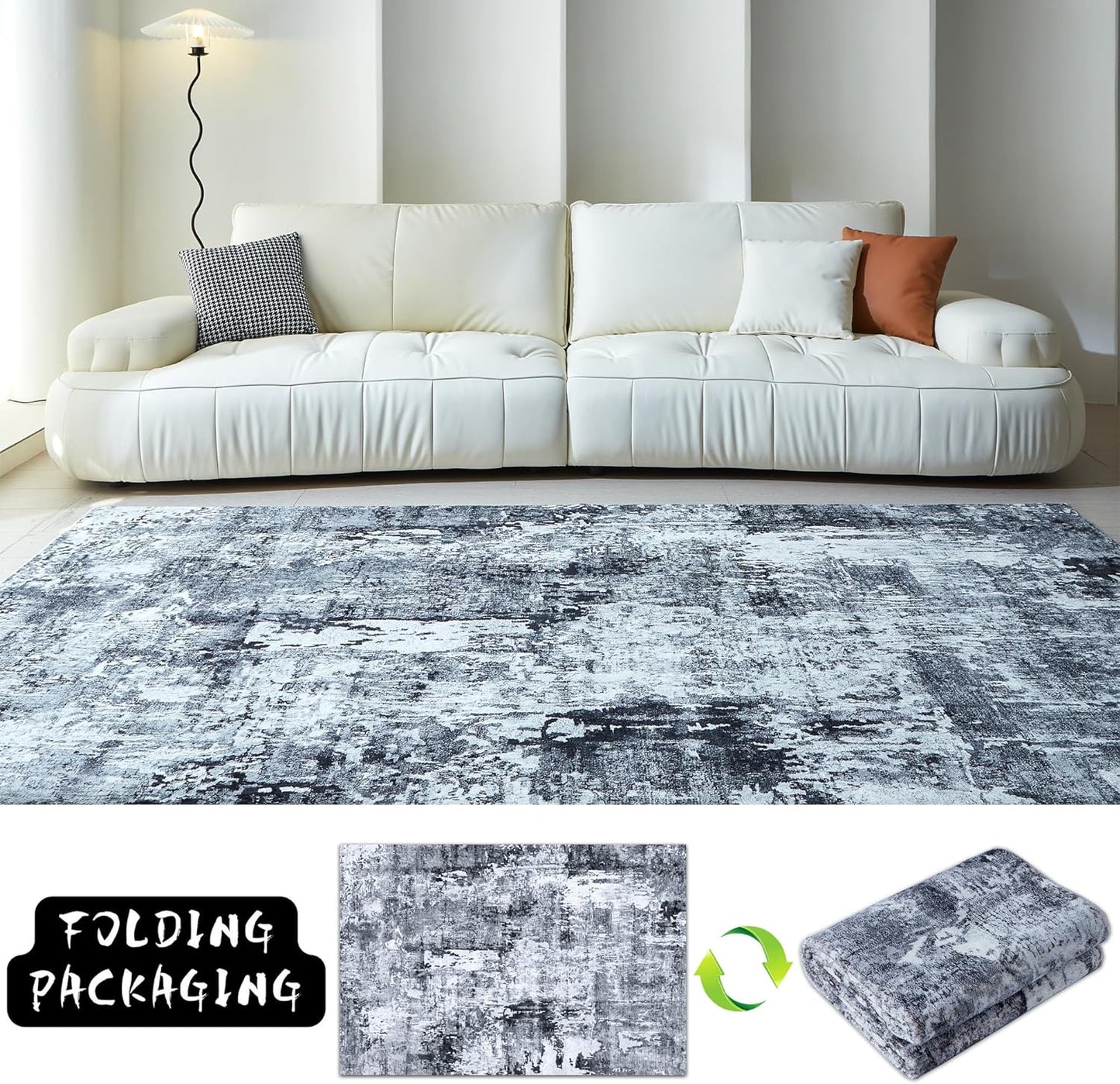6x9 Rug Washable Bedroom Rug Large Soft Area Rug Abstract Pattern Non-Slip Faux Wool Vintage Rug for Living Room, Farmhouse, Dining Room, Kids Playroom, Grey and Black