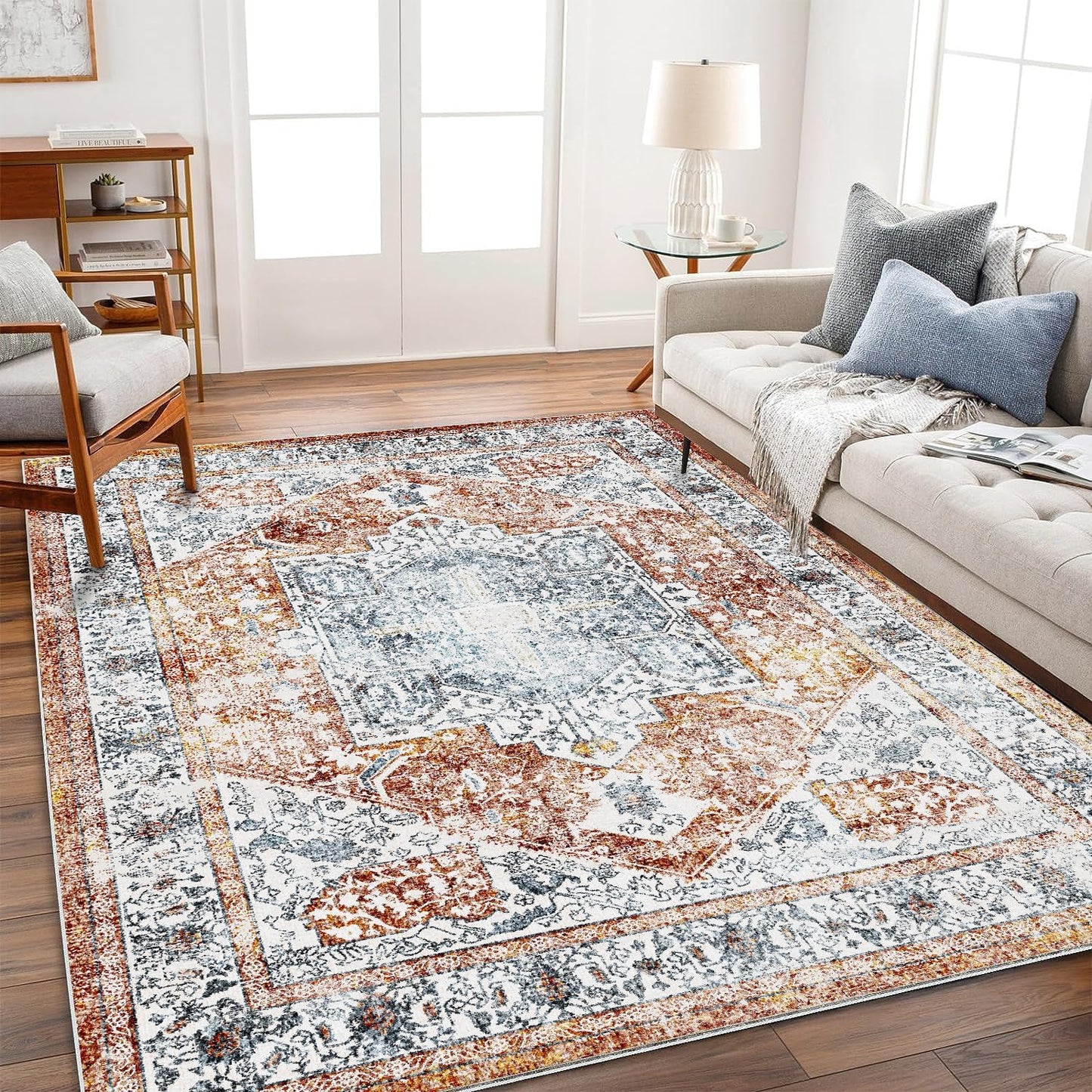 Area Rug 6x9 Washable Rug Tangerine Vintage Traditional Floor Cover Thin Retro Kitchen Indoor Distressed Non Slip Carpet Floral Print Mat Living Room Bedroom Dining Room