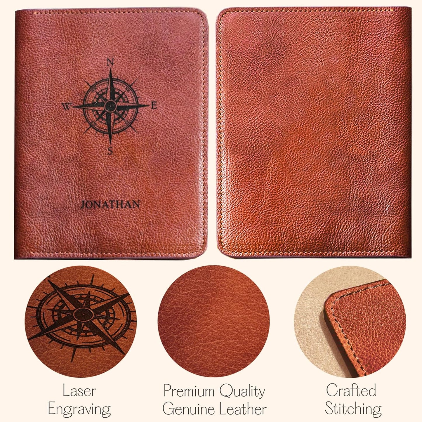 Personalized passport holder for travel- Premium genuine Leather passport Cover with Monogram, Name, Date, and Photo - Made in USA customized gifts for Women, Men, and family