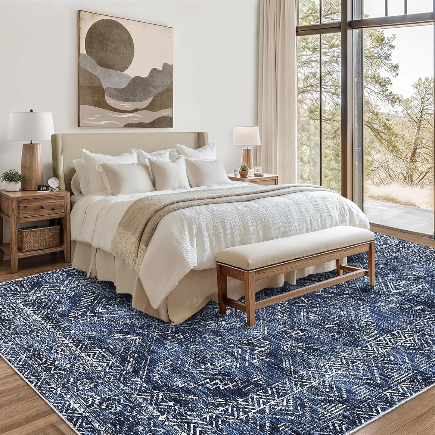 COZYLOOM 6x9 Washable Area Rug Vintage Non Slip Low Pile Rug Soft Throw Floor Cover Geometric Tribal Foldable Indoor Carpet for Living Room Bedroom Playroom Nursery, Blue