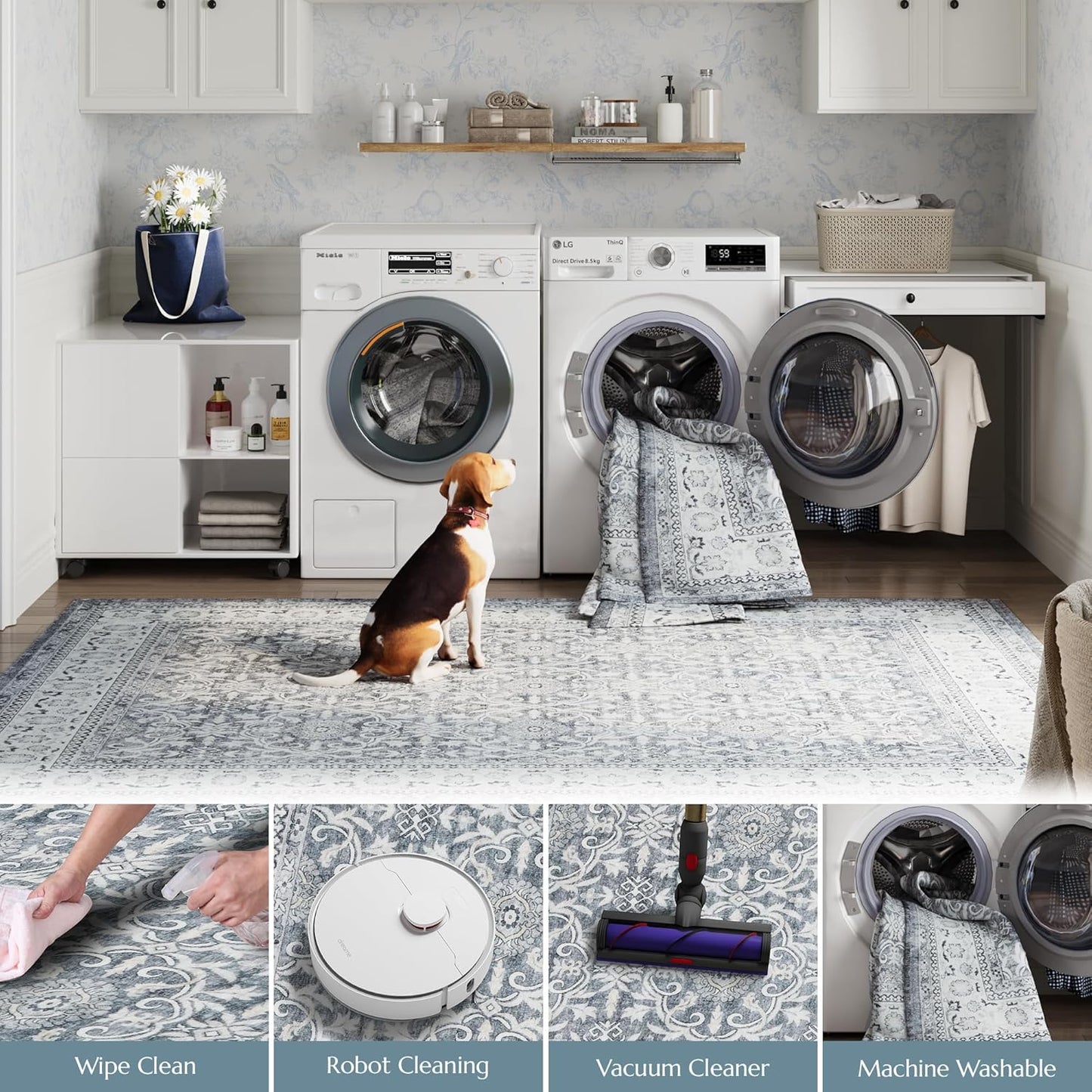 jinchan Floral 5x7 Area Rugs for Bedroom - Machine Washable Vintage Distressed Boho Design Throw Rug Stain Resistant Carpet Low-Pile Thin Non-Slip for Nursery Living Room Dining Room (5‘x7',Grey)