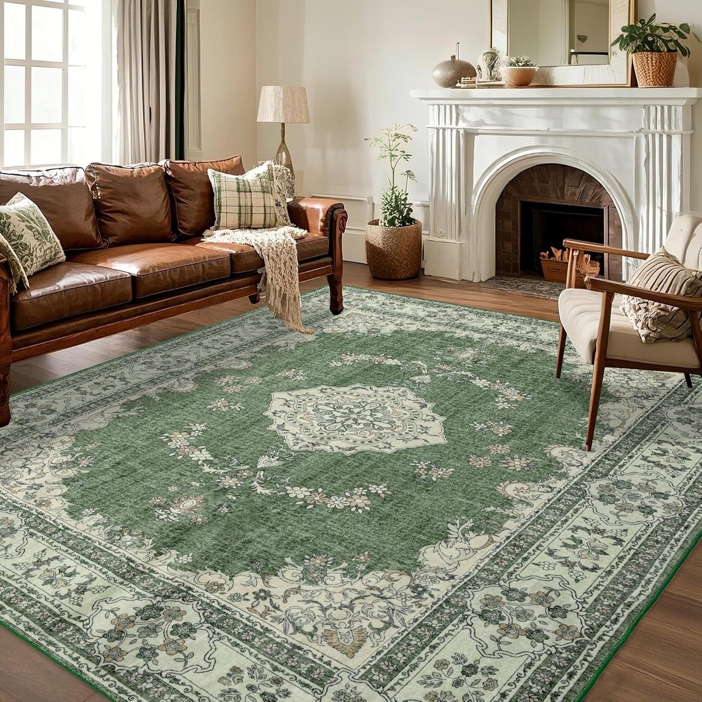 8x10 Area Rugs Washable: Oriental Soft Area Rug for Living Room Bedroom No Shedding - Low Pile Thin Carpet Rug for Dining Room Non Slip - Boho Vintage Rug for Home Decor - Olive Green