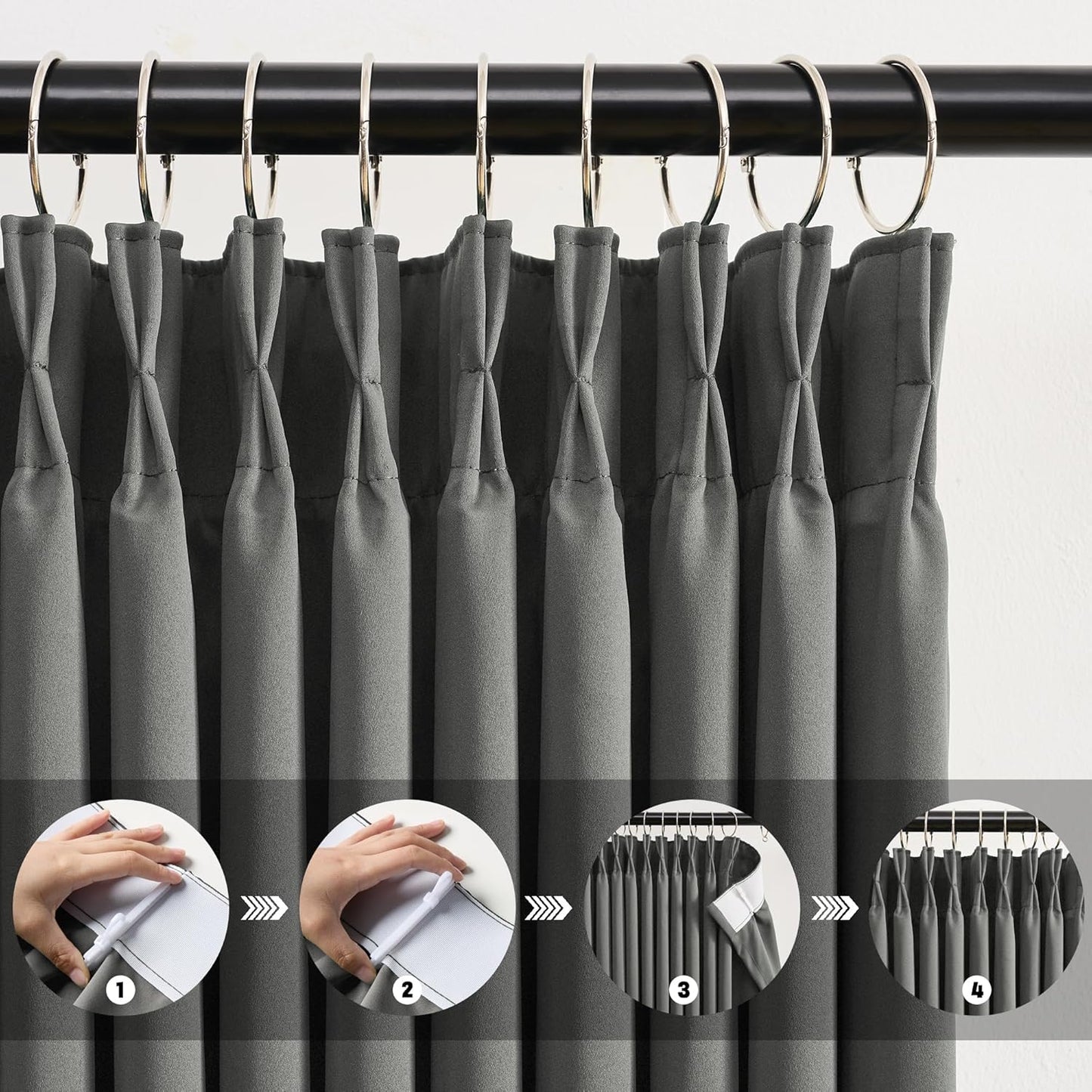 KEQIAOSUOCAI Blackout Pinch Pleated Curtains 90 Inches Long, Privacy Window Drapes for Living Room/Dining Room/Bedroom, 72 Inch Wide x 90 Inch Long,Grey Color, Pleat with Hooks, 2 Panels