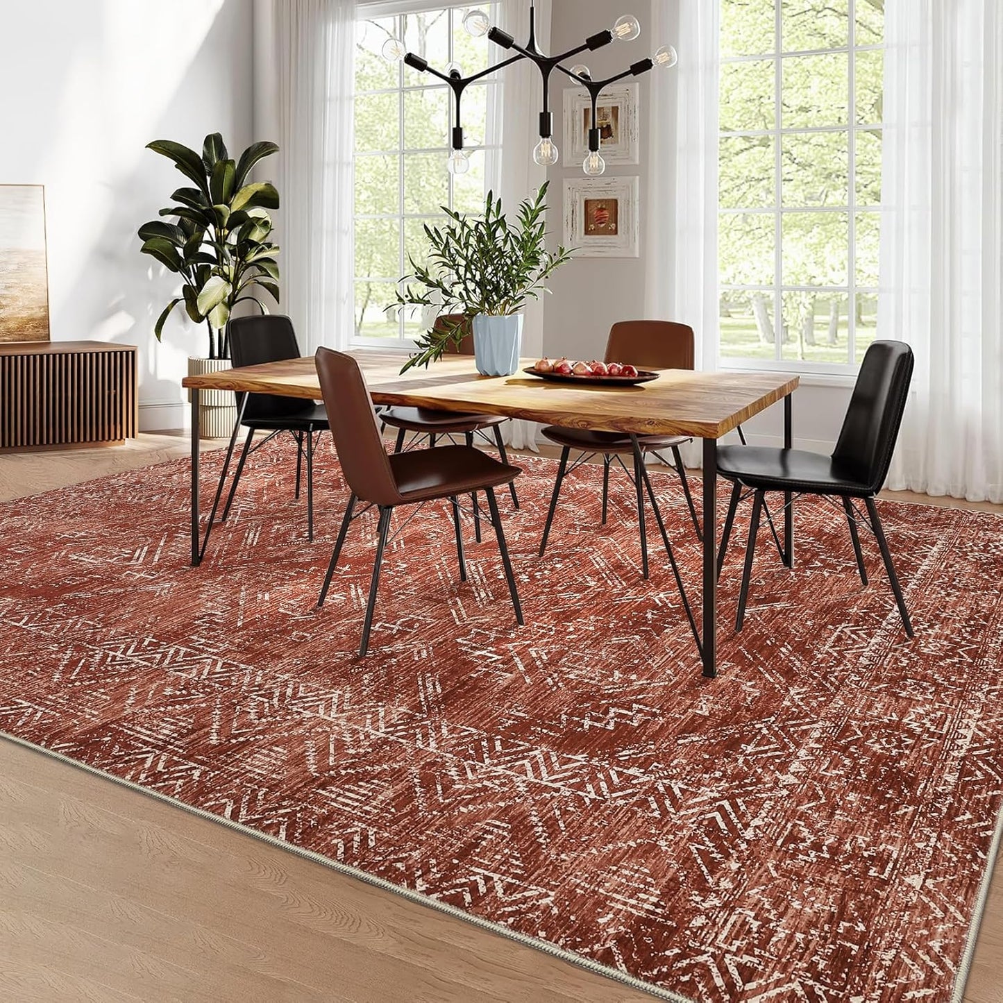 COZYLOOM Large Living Room Rugs 9x12 Machine Washable Area Rugs Modern Abstract Floor Cover Non Slip Stain Resistant Geometric Mats for Bedroom, Nursery, Office, Brick Red