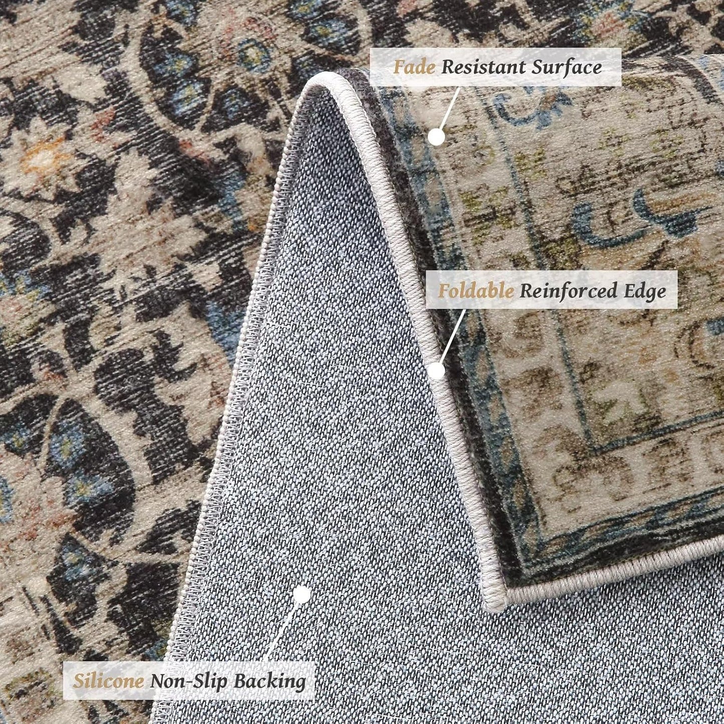 Washable 10x14 Area Rugs for Living Room, Boho Non-Slip Silicone Backing Rugs for Bedroom Dining Room Office, 0.3" Neutral Oriental Throw Carpet with 0.16" Cushioning Pad, Black/Multi