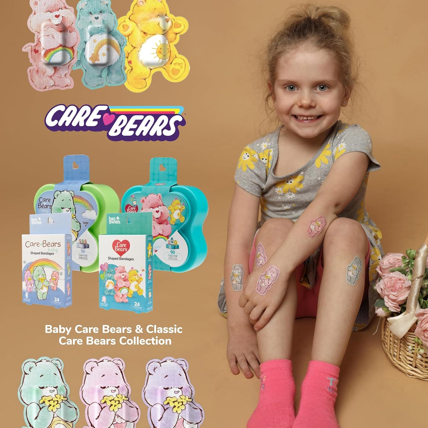 BioSwiss Care Bears Bandages, Baby Care Bear Shaped Self Adhesive Bandage, Latex Free Sterile Wound Care, Fun First Aid Kit Supplies for Kids, 24 Count