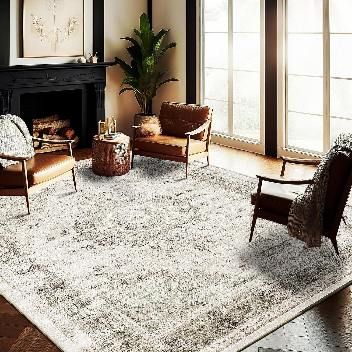 Washable Area Rug 8'x10' Retro Floral Khaki Boho Design Non-Shedding Non-Slip Easy Care Ideal for High Traffic Areas in Living Room Bedroom Office Coffee Table Kitchen Large Carpet