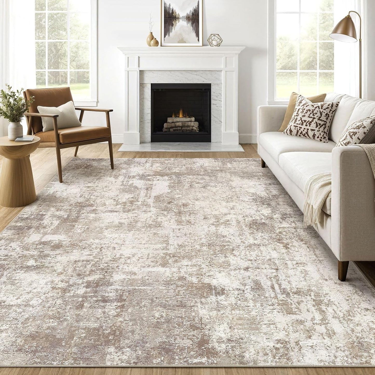 8x10 Area Rugs Living Room: Washable Large Abstract Soft Rug Stain Resistant Indoor Floor Non-Slip Accent Carpet for Women Modern Home Enthusiasts Aged 25-45 - Bedroom Nursery Playroom- Beige Brown