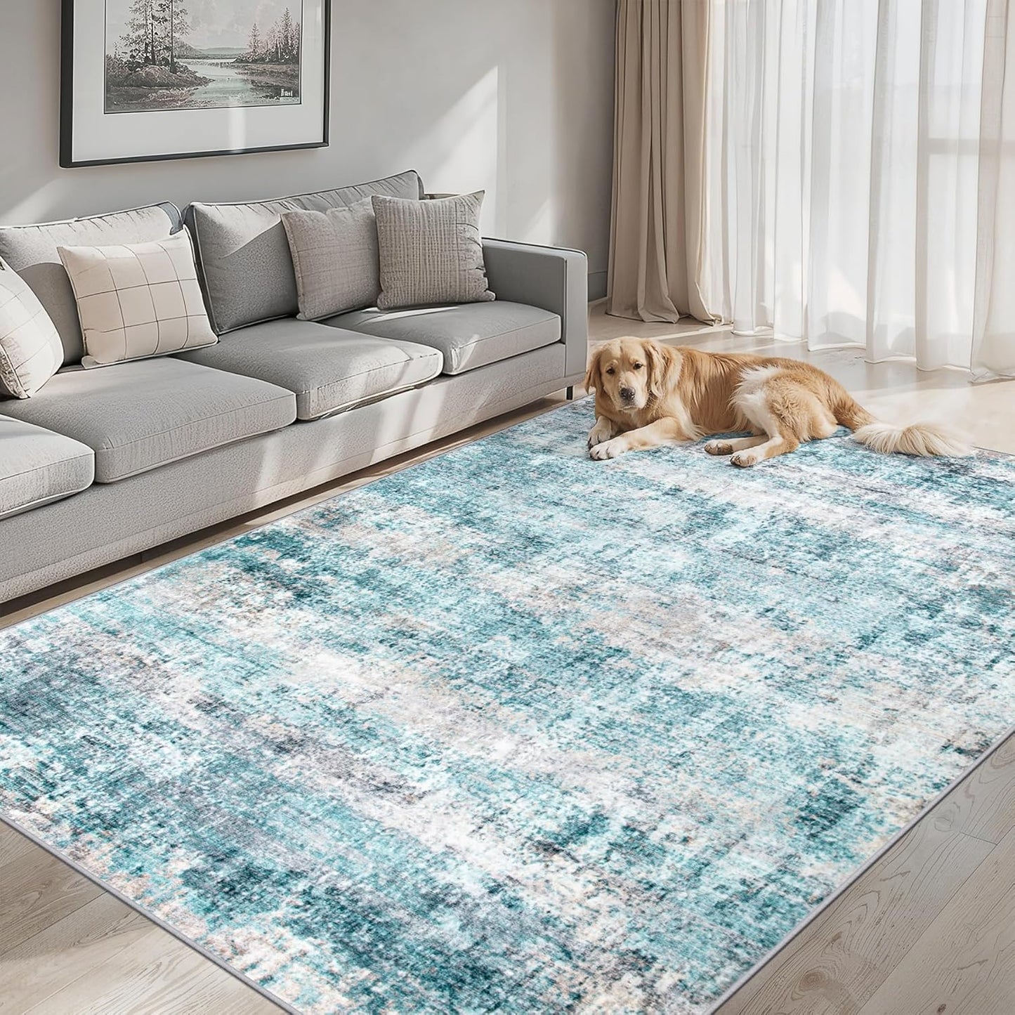 6x9 Area Rugs for Living Room - Washable Rug Modern Abstract Soft Large Neutral Non-Slip Carpet Indoor Floor Thin Carpets for Bedroom Dining Room Farmhouse Nursery Home Office Green