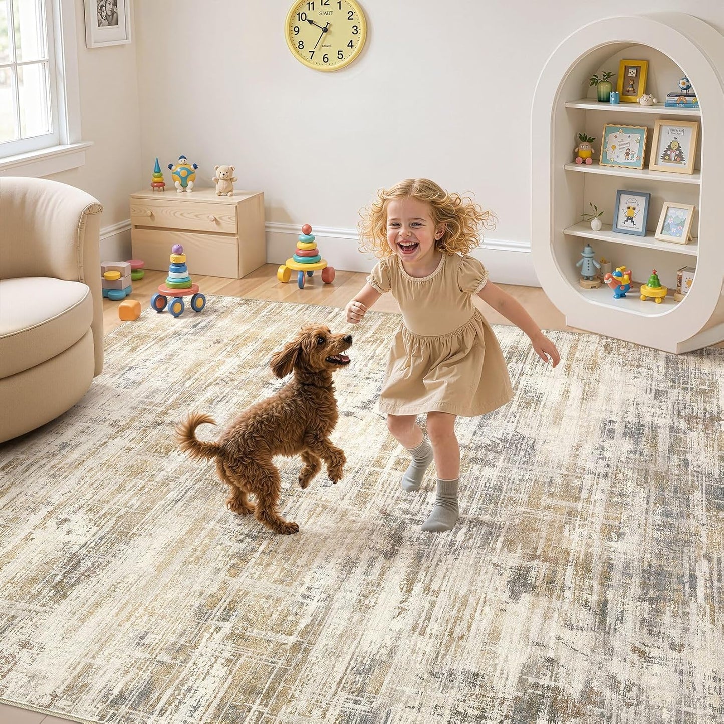 Area Rug for Living Room: 12x15 Washable Neutral Abstract Modern Soft Rugs Non Slip Indoor Floor Stain Resistant Large Carpet for Bedroom Dining Room Office Nursery - Golden Brown