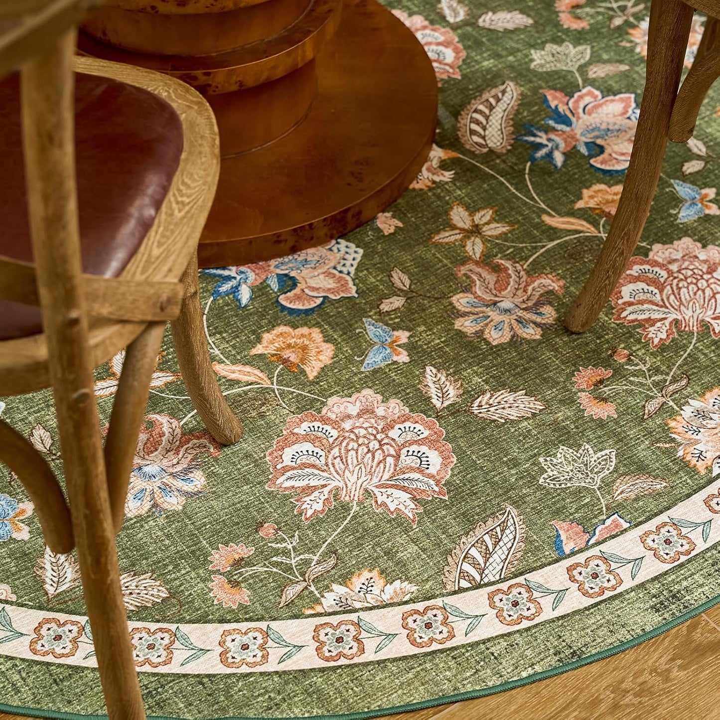 jinchan Floral Corner Rug for Living Room Washable Bedroom Rug Vintage Romance Design Non Slip Quarter Circle Lightweight Low-Pile Throw Carpet for Reading Nook Playroom,8ft Radius, Green