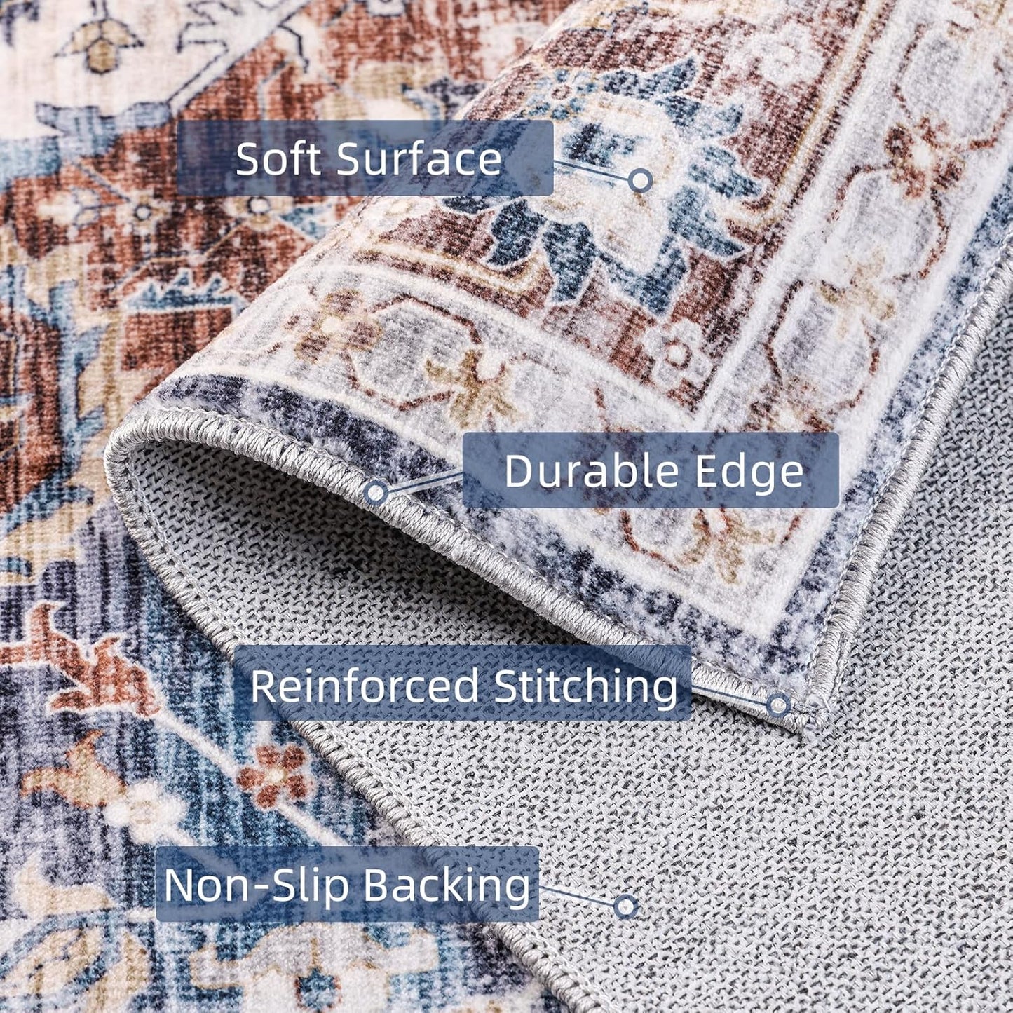 Boho Area Rug 4x6 Bedroom Rugs Ultra Soft Indoor Washable Rugs for Living Room Bedroom Laundry Room Decor, Low Pile Non-Slip Backing(Border Brown/Navy Blue)