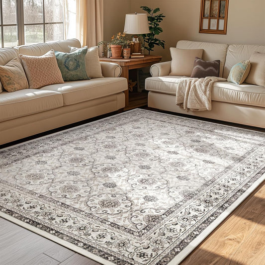 jinchan Floral 5x7 Area Rugs for Bedroom - Machine Washable Vintage Distressed Boho Design Throw Rug Stain Resistant Carpet Low-Pile Thin Non-Slip for Nursery Living Room Dining Room (5‘x7',Beige)