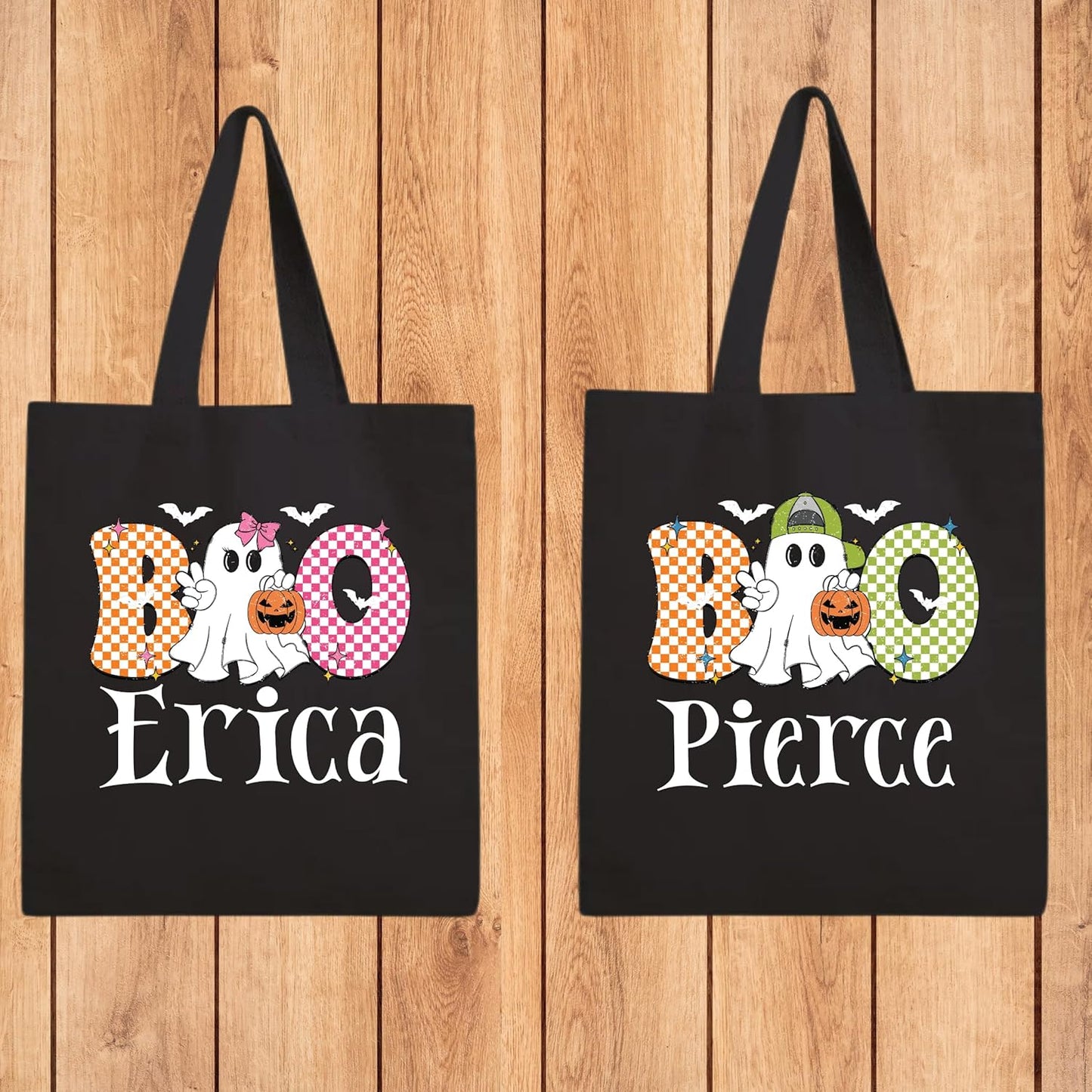 Custom Name Halloween Trick or Treat Bags for Kids Personalized Reusable Canvas Candy Bags for Girls & Boys Spooky Pumpkin Ghost Boo Bag Large 15" x 16" Reusable Candy Totes