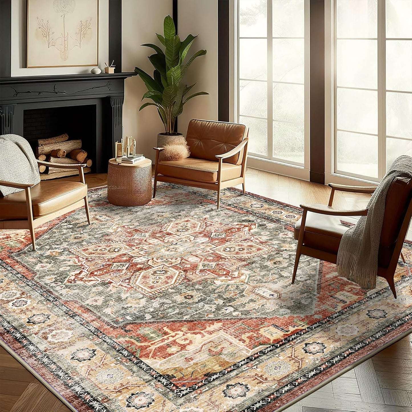 Washable Area Rug 10'x14' Red Khaki Retro Flowers Boho Design Non-Shedding Easy Care Ideal for High Traffic Areas in Living Room Bedroom Office Coffee Table Kitchen Large Carpet