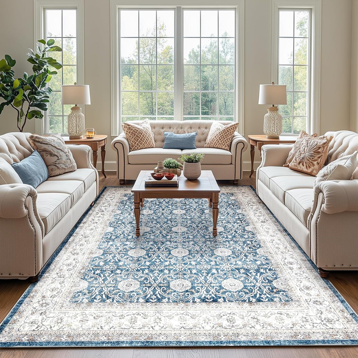 jinchan Floral 6x9 Area Rugs for Living Room - Machine Washable Vintage Distressed Boho Design Throw Rug Stain Resistant Carpet Low-Pile Thin Non-Slip for Bedroom Dining Room Nursery (6‘x9',Dark Blue)