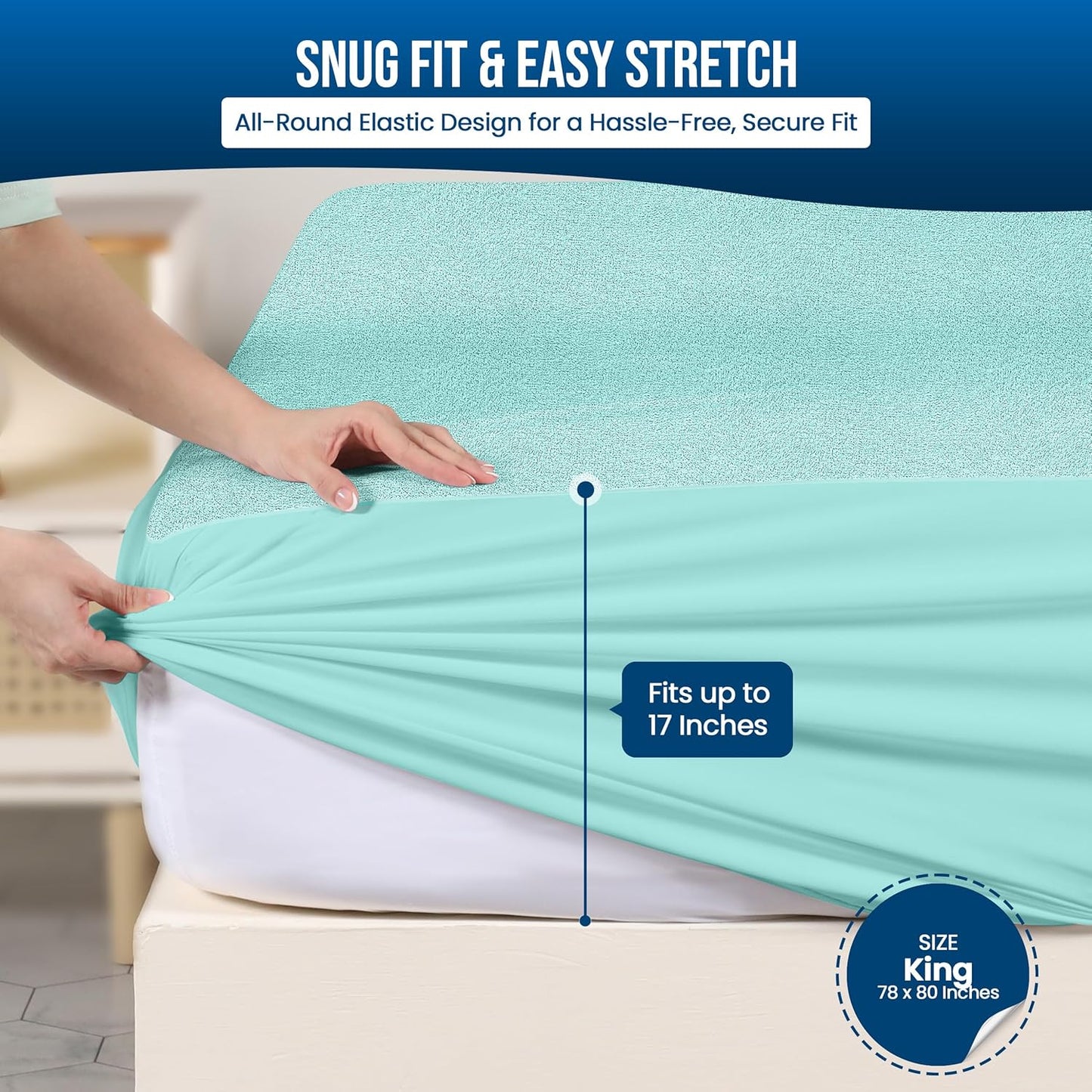 Utopia Bedding Waterproof Mattress Protector King Size, Premium Terry Mattress Cover 200 GSM, Breathable, Fitted Style with Stretchable Pockets (Spa Blue)