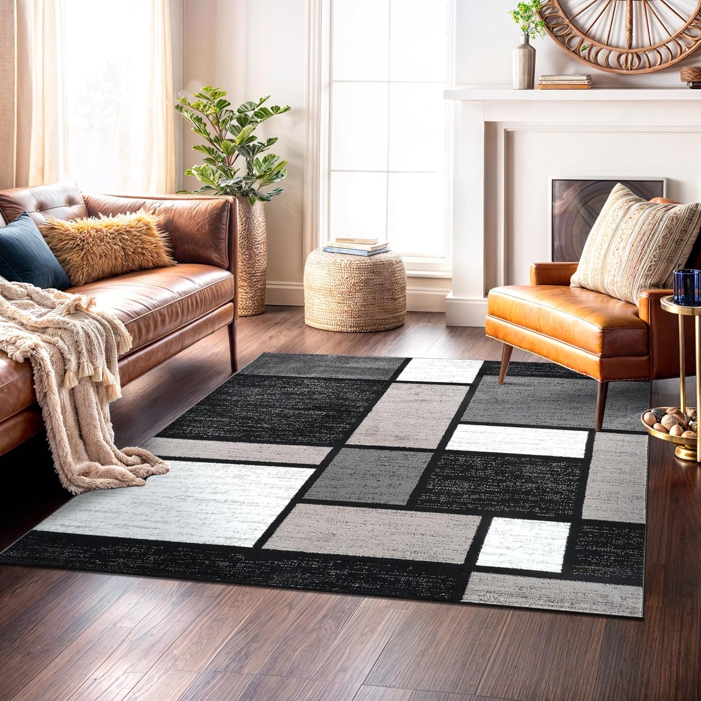 Rugshop Contemporary Modern Boxes for Home Office,Living Room,Bedroom,Kitchen Non Shedding Square Area Rug 6'6" x 6'6" Gray