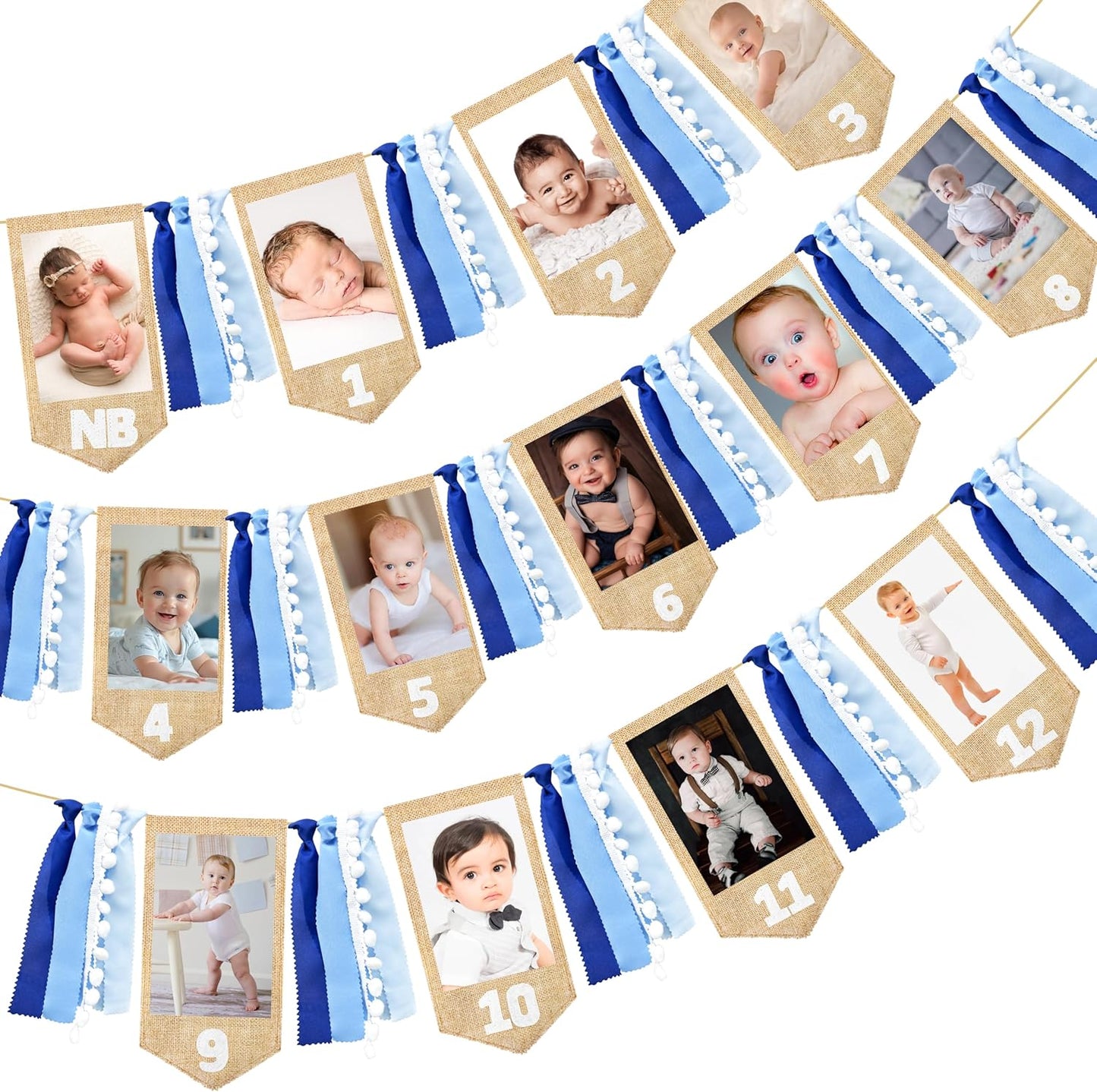 pinkblume 1st Birthday Burlap Photo Banner Garland Handmade Felt from Newborn to 12 Months with Gradient Blue Ribbon for Monthly Milestones Baby Boy First Birthday Party Decorations Supplies