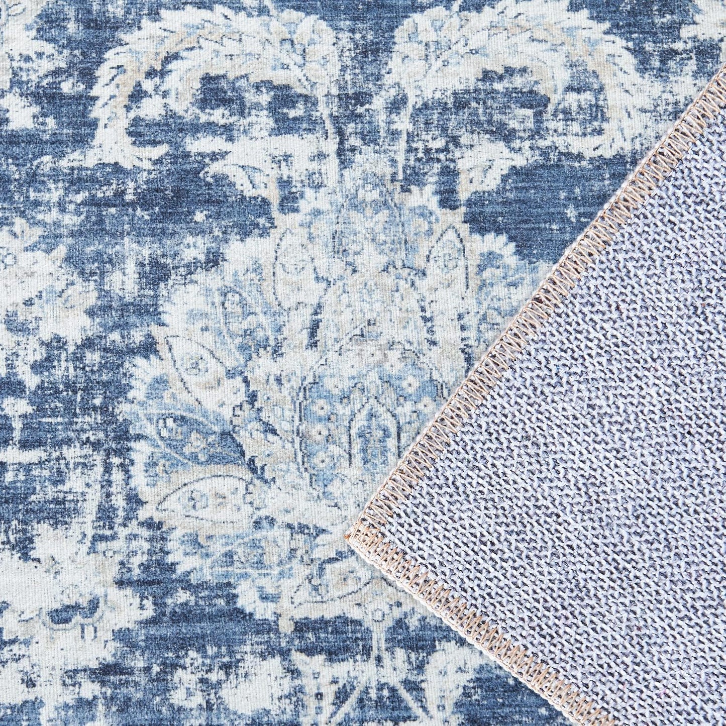 jinchan Hallway Runner Rug 3x7 Machine Washable Runner Rug Dark Blue Vintage Floral Design Non-Slip Low Pile Ultra-Thin for Kitchen Laundry Room Bedroom Farmhouse (3‘x7',Dark Blue)