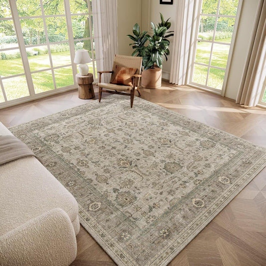 Washable 6x9 Area Rugs for Living Room, BoHo Non-slip Silicone Backing Large Rug for Bedroom Dining Room Nursery Office, 0.3" Neutral Oriental Throw Carpet with 0.16" Cushioning Pad, Light Brown/Multi