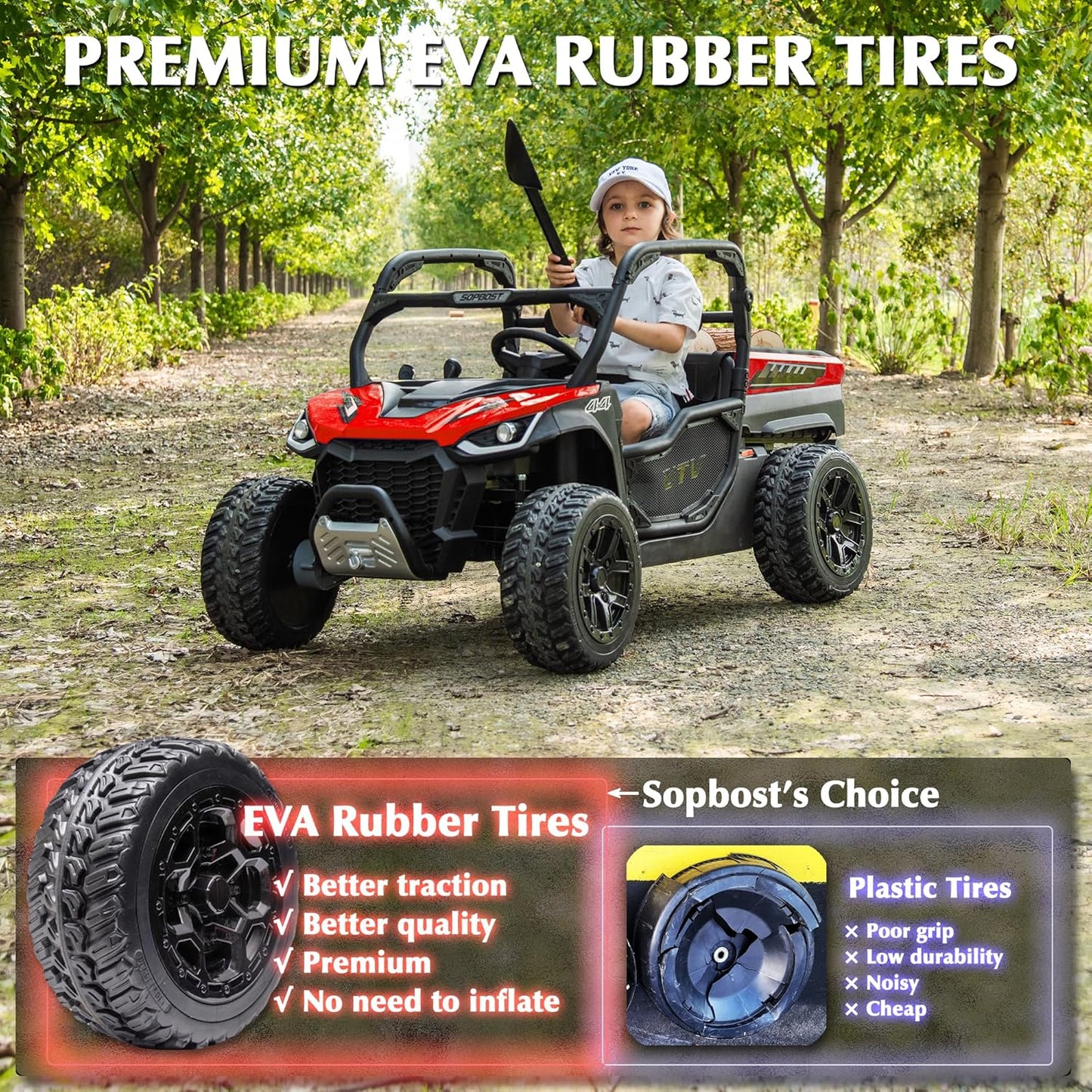 sopbost 24V 10Ah Ride On Toys for Big Kids to Drive 2 Seater Ride On Car with Remote Control Battery Powered Side by Side UTV with Large Dump Bed, 4x75W Motors, Red & Black