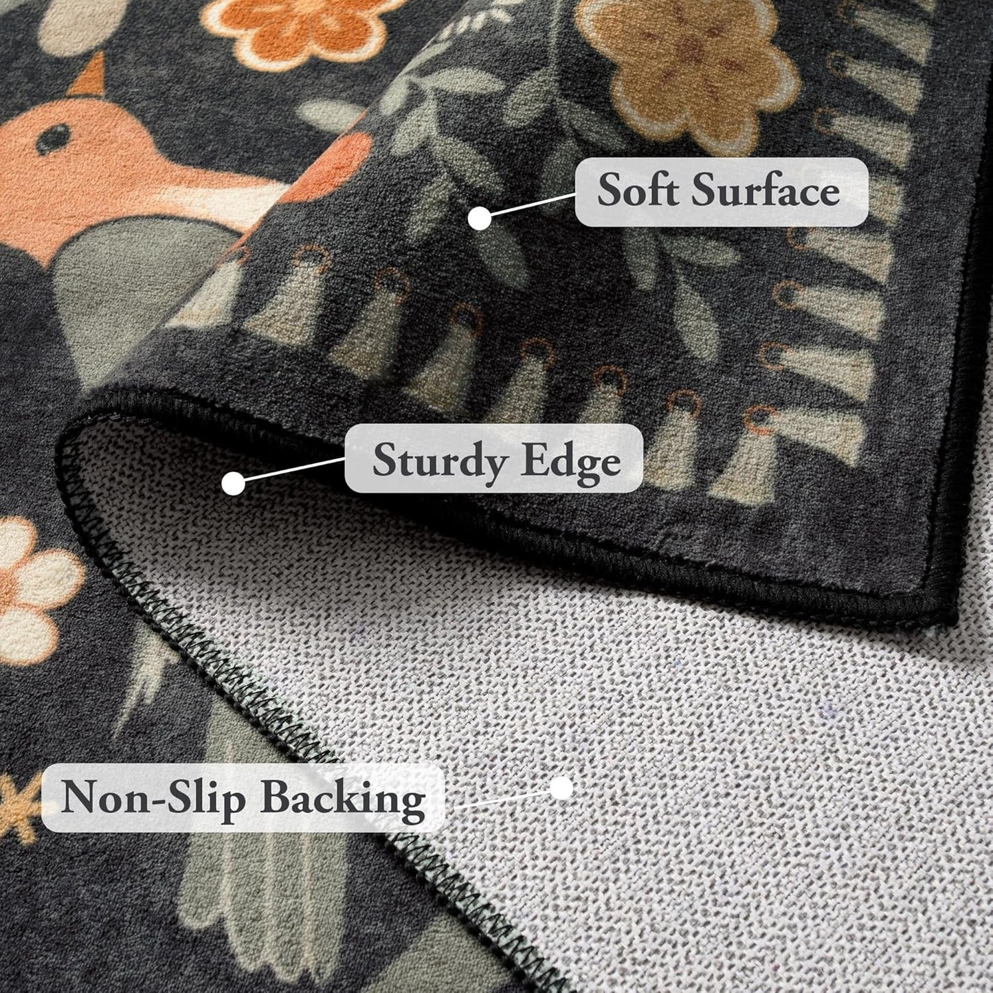 Moynesa Boho Bird 5x7 Area Rugs for Living Room, Black Floral Living Room Rug 5x7 Washable Low-Pile Bedroom Rug Non Slip, Vintage Soft Jungle Animal Floor Carpet for Nursery Playroom