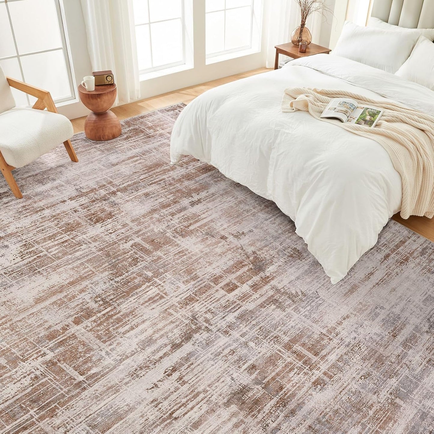 Area Rug for Living Room: 7x9 Washable Neutral Abstract Modern Soft Rugs Non Slip Indoor Floor Stain Resistant Large Carpet for Bedroom Dining Room Office Nursery - Red Brown