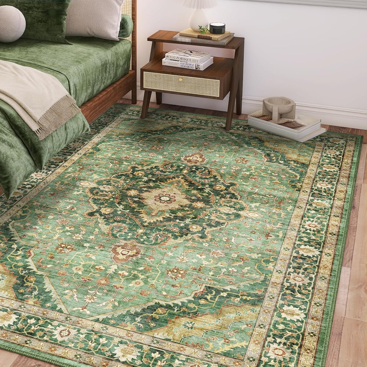 Green Rugs for Bedroom Area Rugs 5x7 Washable Rugs Boho Vintage Oriental Large Foldable Faux Wool Carpet for Living Room Nursery Room Dorm Kids Playroom Home Office