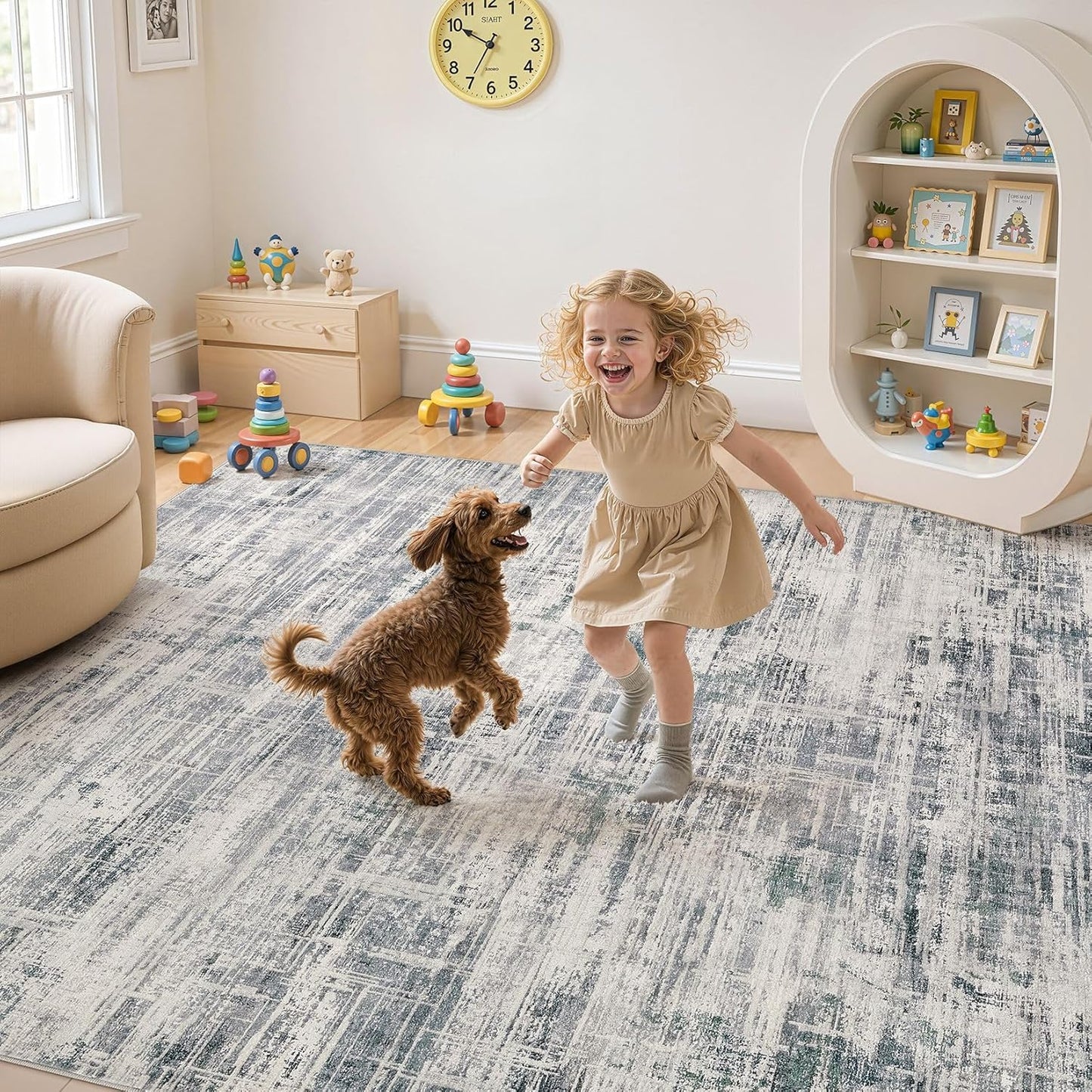 Area Rug for Living Room: 6x9 Washable Neutral Abstract Modern Soft Rugs Non Slip Indoor Floor Stain Resistant Large Carpet for Bedroom Dining Room Office Nursery - Gray