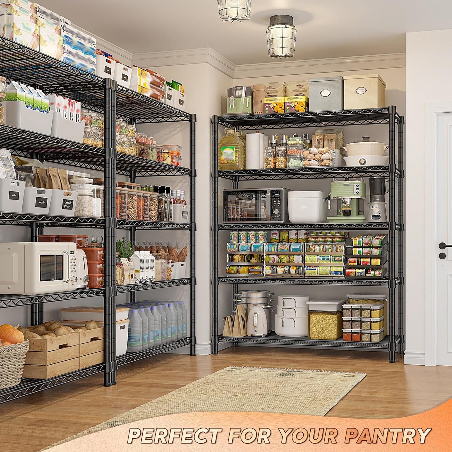 REIBII Storage Shelves with Wheels Wide Wire Shelving Unit with Wheels 75.2"H Tall Metal Shelves for Storage Sturdy Heavy Duty Shelving Deep Pantry Shelves 5 Tier Storage Rack, Keep Organized, 2 Pack