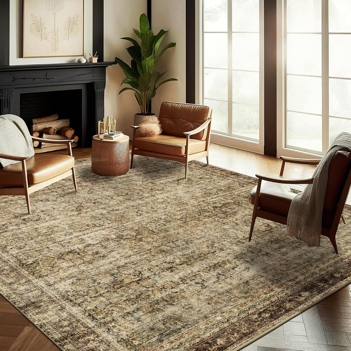 Area Rug 10x14 Washable Brown Vintage Traditional Mat Distressed Indoor Foldable Thin Retro Accent Floral Non Slip Carpet for Living Room Dining Room Office
