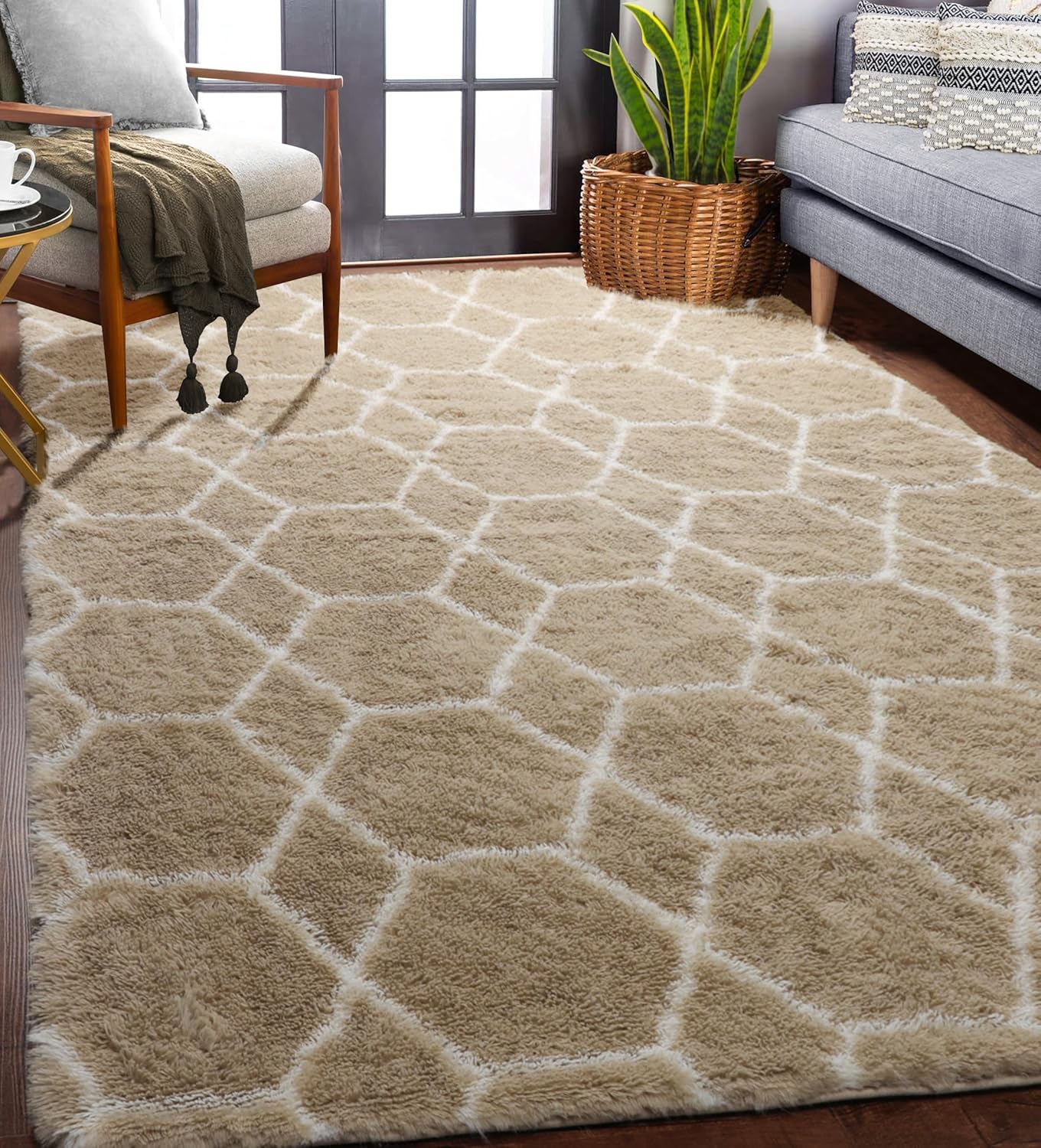 ONASAR 5x7 Area Rugs for Living Room Bedroom, Washable Fluffy Beige and White Shag Rug, Geometric Boho Soft Plush Shaggy Floor Carpet Mat for Nursery Kids Girls Boys Teen Dorm Home Decor Aesthetic