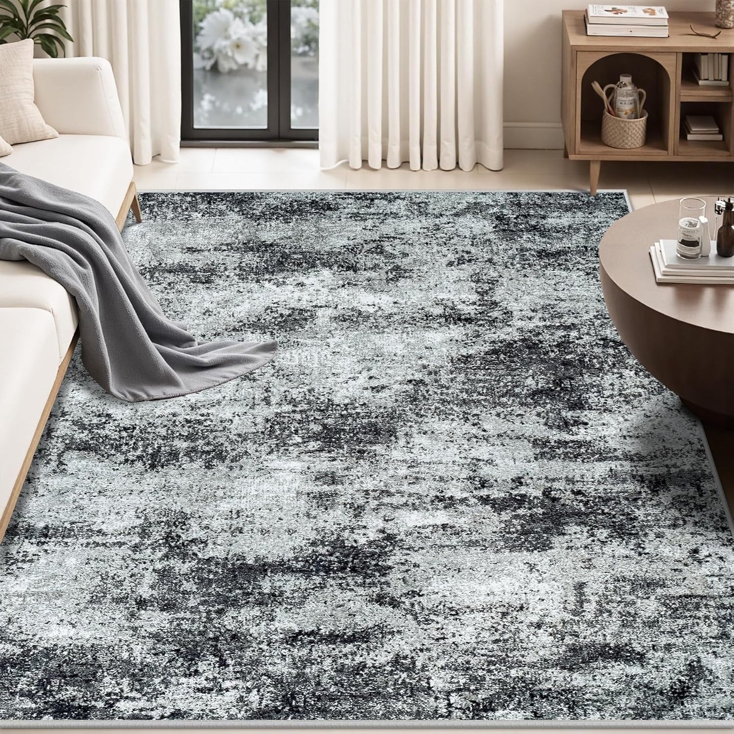 Washable Rug 6x9 Area Rugs: Abstract Washable Rugs with Non-Slip Backing, Stain Resistant Indoor Floor Carpet for Bedroom Dining Room Table Nursery Hallway Home Office Dark Black/Gray
