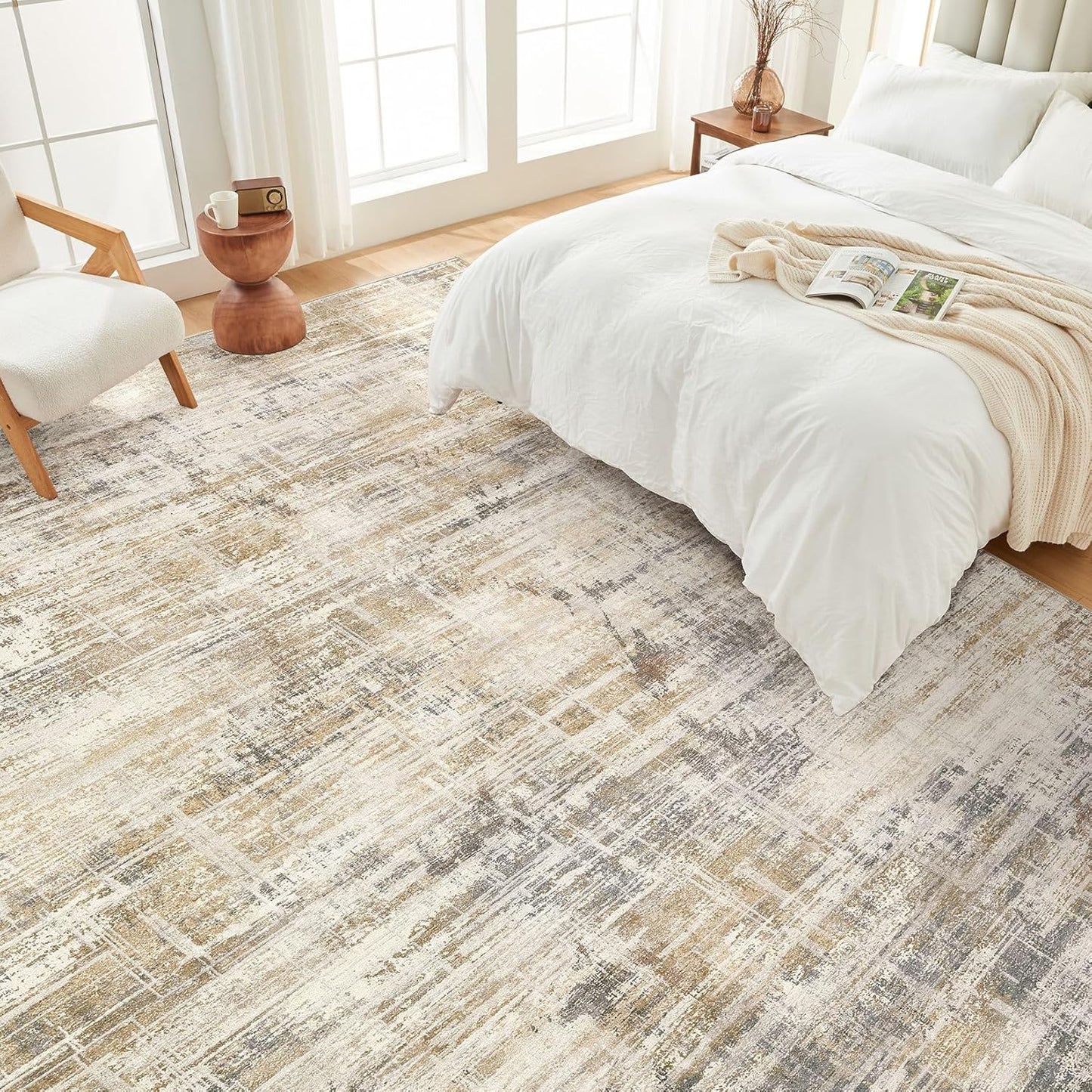 Area Rug for Living Room: 5x7 Thickened Washable Neutral Abstract Modern Soft Rugs Non Slip Indoor Floor Stain Resistant Carpet for Bedroom Dining Room Office Nursery - Golden Brown