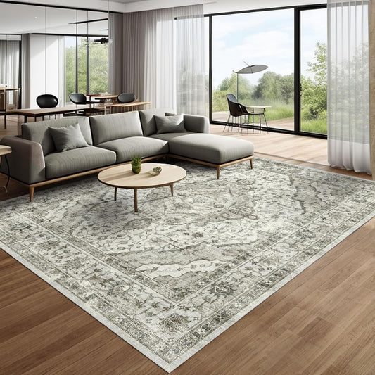 Deerly Washable Rugs 8x10 Area Rug Large Rugs for Living Room - Boho Large Vintage Non-Slip Distressed Carpet Aesthetic Print Floor Rug Cream
