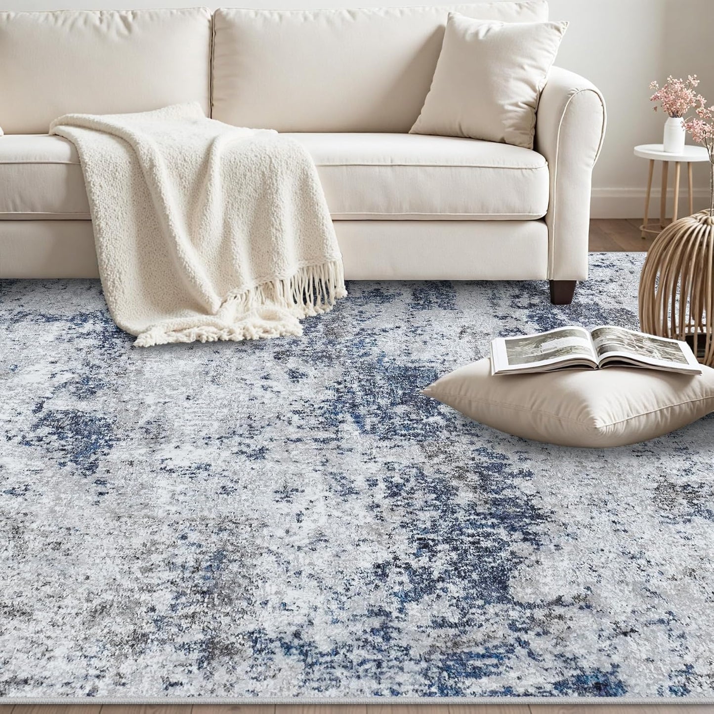 Washable Rug 6x9 Area Rugs: Abstract Washable Rugs with Non-Slip Backing, Stain Resistant Indoor Floor Carpet for Bedroom Dining Room Table Nursery Hallway Home Office Blue/Gray/Black