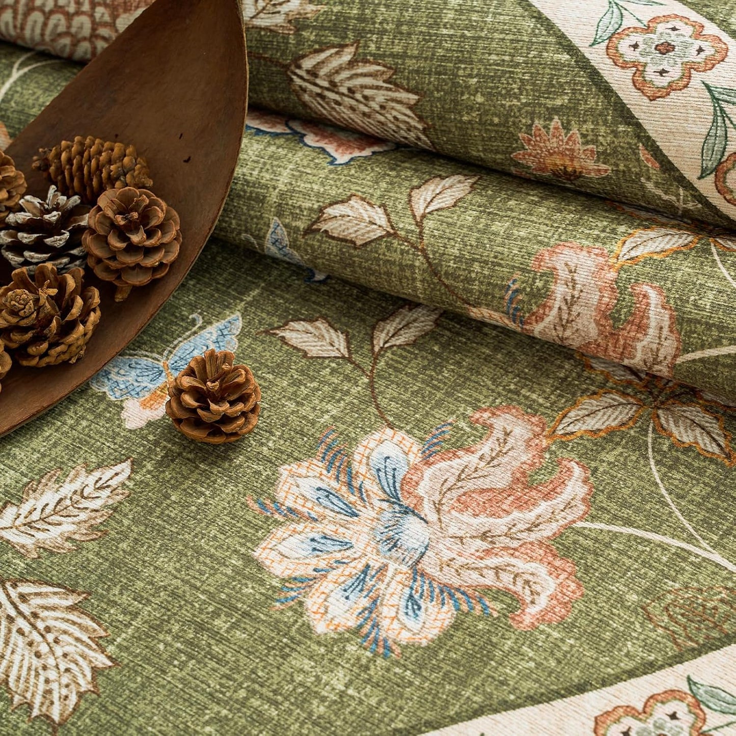 jinchan 8x10 Floral Rug for Living Room Washable Bedroom Rug Vintage Romance Design Non Slip Thin Indoor Floor Cover Large Low-Profile Throw Carpet for Dining Room Office, Green