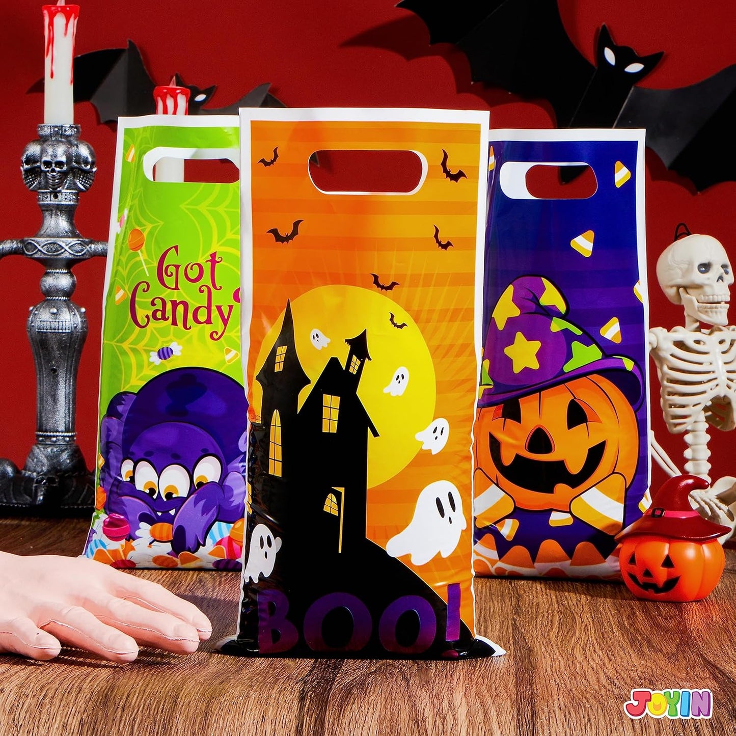 JOYIN 72 PCS Halloween Trick or Treat Bags, Halloween Goodie Candy Bags, Goody Gift Bag, 4 Designs Plastic Snack Bag Bulk for Kids Trick or Treating, Classroom Party Favors, Event Party Supplies