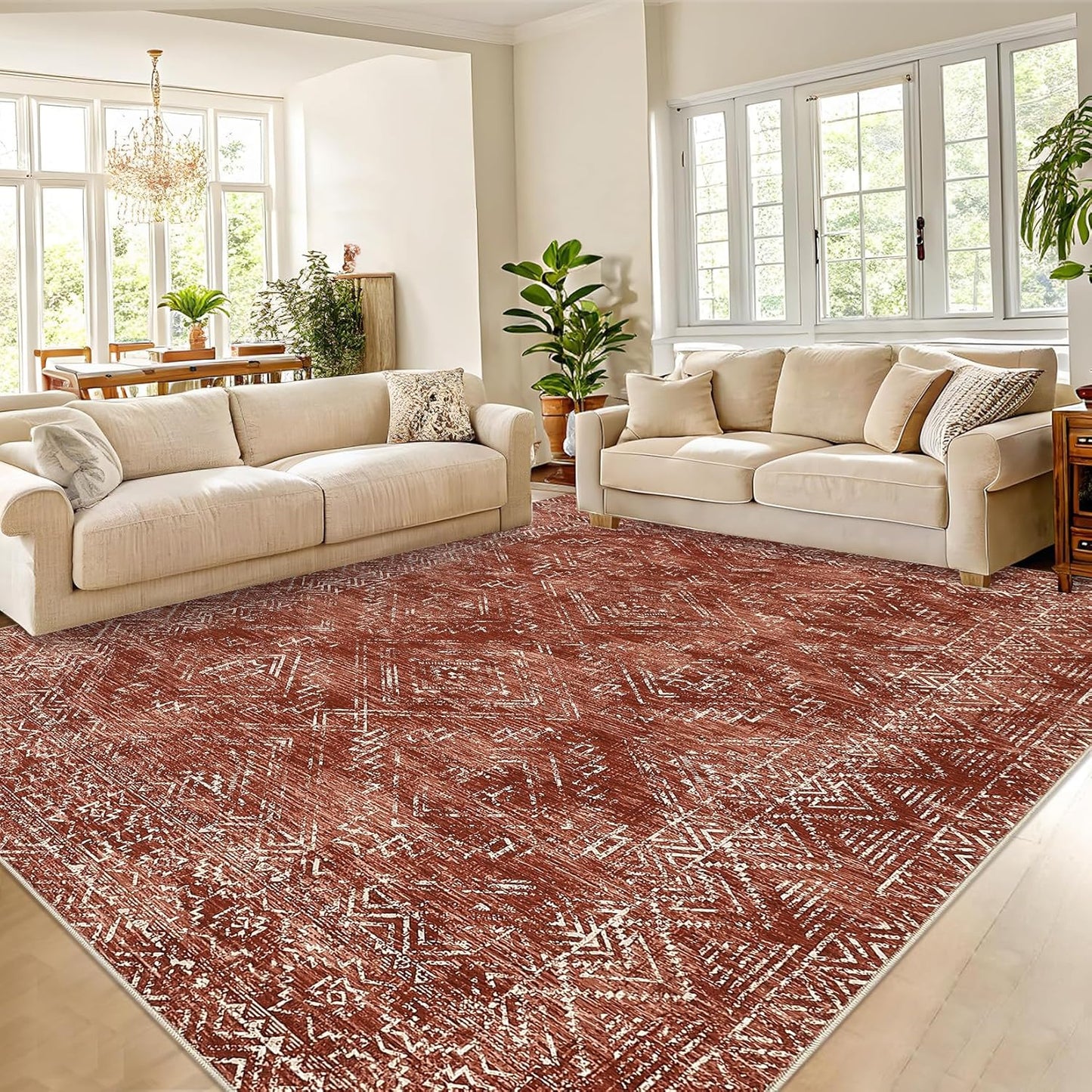 COZYLOOM Large Living Room Rugs 9x12 Machine Washable Area Rugs Modern Abstract Floor Cover Non Slip Stain Resistant Geometric Mats for Bedroom, Nursery, Office, Brick Red