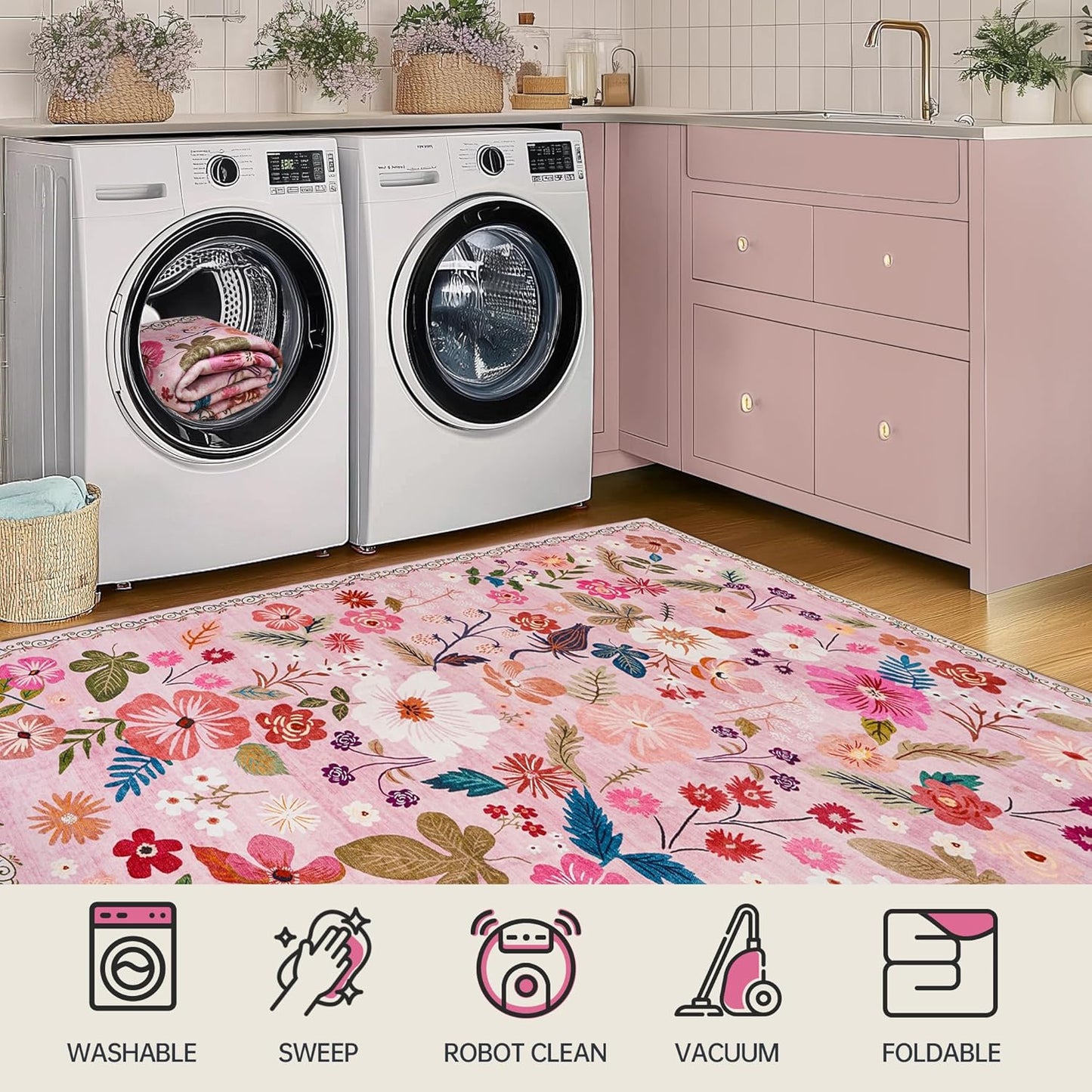 Pink Runner Rug 2x6 for Kitchen Machine Washable Non Slip with Rubber Backing Boho Vintage Floral Carpet Soft Stain Resistant Thin Long Rugs for Entrance Hallways Laundry Bedside Bathroom Girly Decor