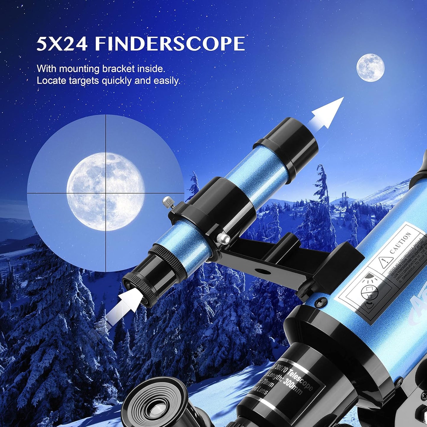 AOMEKIE Telescopes,70mm Aperture 300mm Table Tripod, Astronomical for Beginners,2 Eyepieces 150X with Smartphone Adapter Moon Filter 3X Barlow