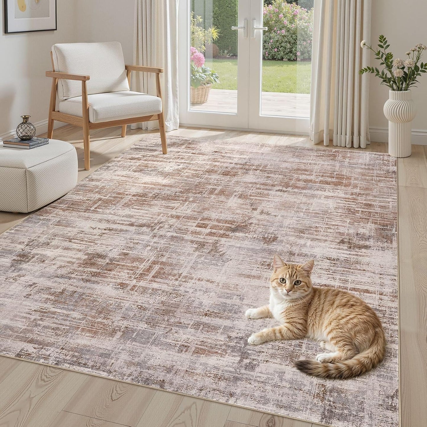 Area Rug for Living Room: 5x7 Washable Neutral Abstract Modern Soft Rugs Non Slip Indoor Floor Stain Resistant Carpet for Bedroom Dining Room Office Nursery - Red Brown