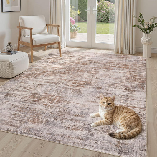 Area Rug for Living Room: 5x7 Washable Neutral Abstract Modern Soft Rugs Non Slip Indoor Floor Stain Resistant Carpet for Bedroom Dining Room Office Nursery - Red Brown